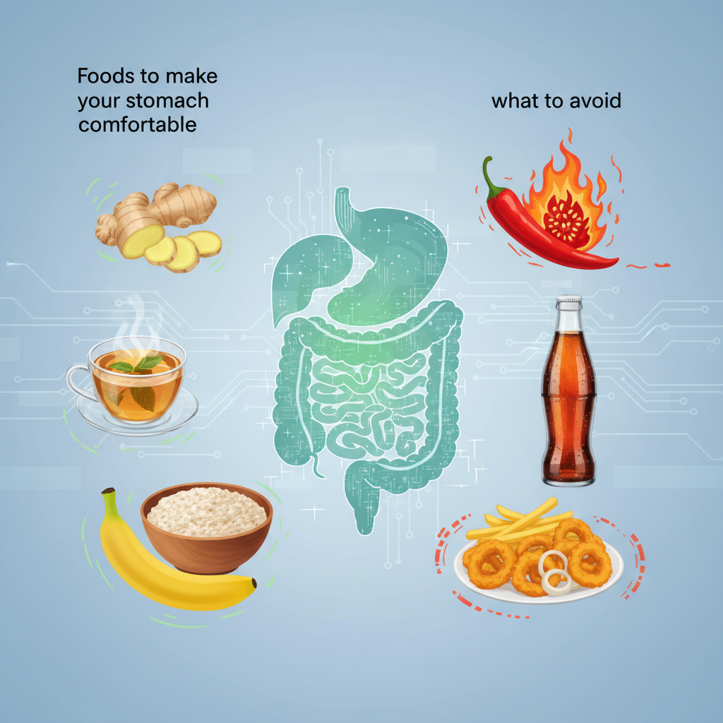 Variety of fresh, digestive-friendly foods like ginger, papaya, and leafy greens