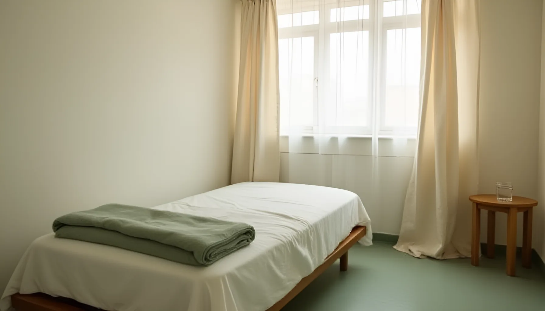 흰 침구를 씌운 나무 침대 위에 개어 둔 연녹색 담요, 창가에 드리운 크림색 커튼과 오른쪽 둥근 나무 스툴 위에 놓인 물이 담긴 유리컵