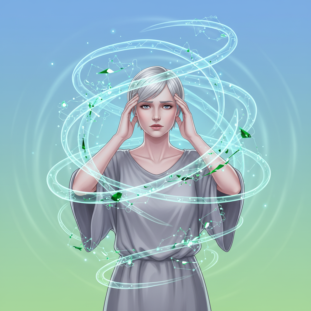 A person holding their head with a dizzy expression, surrounded by swirling lines indicating vertigo.