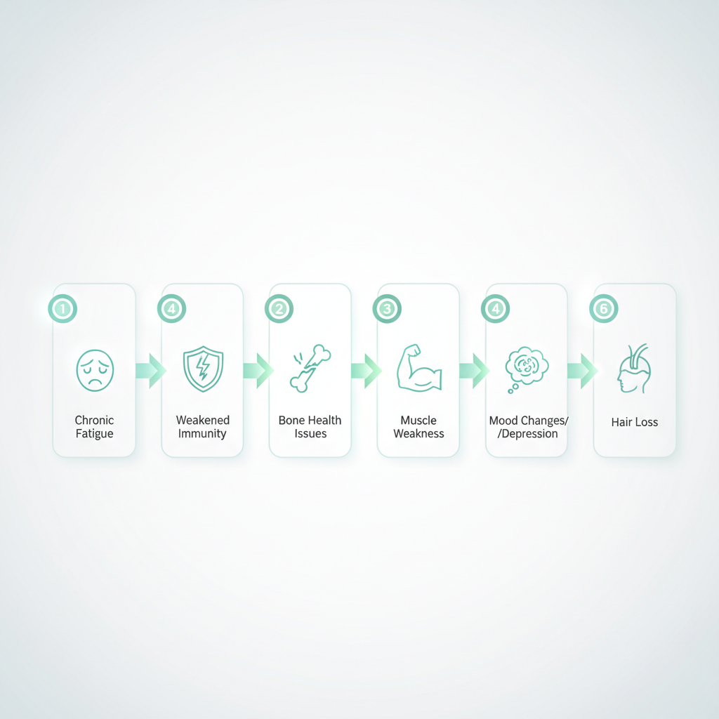 A person looking tired and listless, surrounded by question marks, symbolizing vitamin D deficiency symptoms
