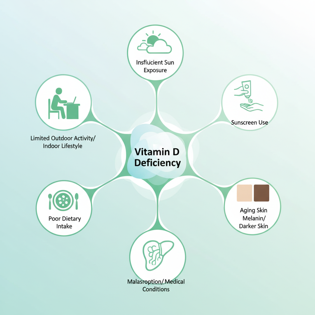 Various factors contributing to vitamin D deficiency, such as desk work, cloudy weather, and sunscreen use