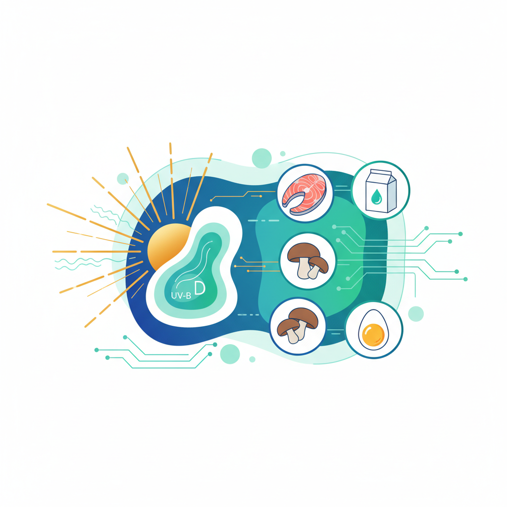 Sun shining on a person walking outdoors, with various vitamin D-rich foods like salmon and mushrooms