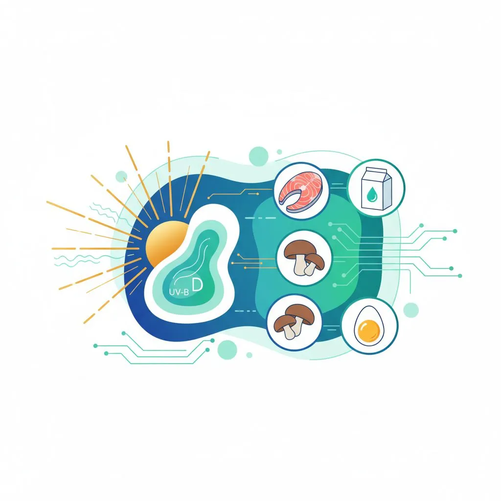 Sun shining on a person walking outdoors, with various vitamin D-rich foods like salmon and mushrooms
